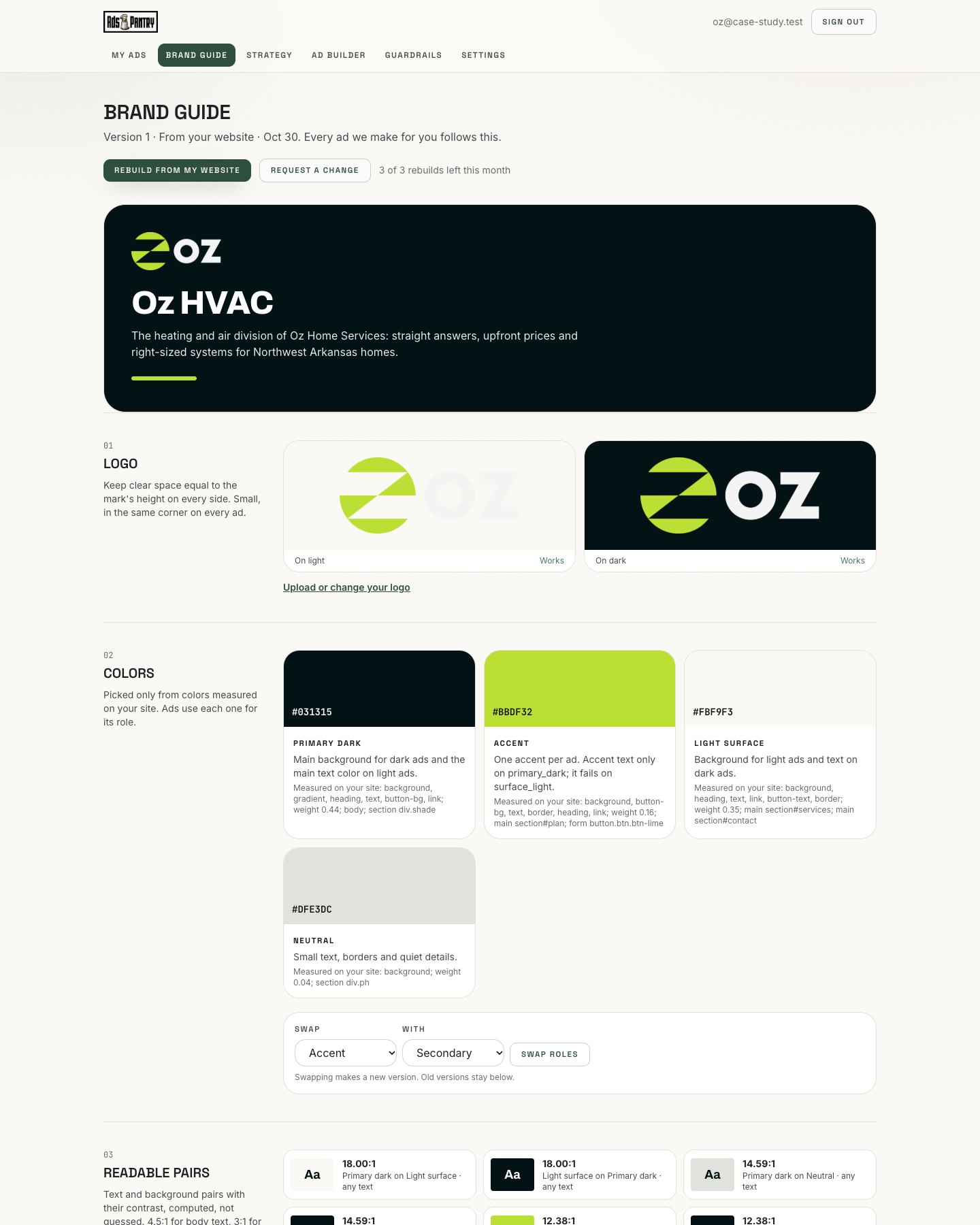 The Oz HVAC brand guide in the Ads Pantry account: logo, palette, fonts, voice and claims