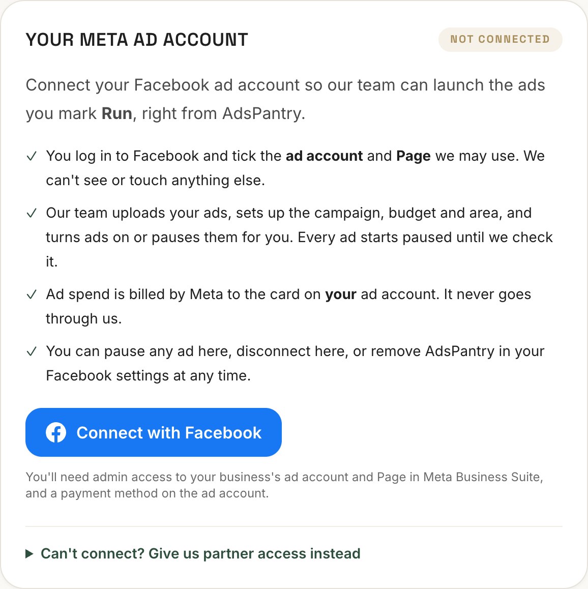 The Managed ads page: Connect with Facebook, with what we can and can't do and who pays for the ads