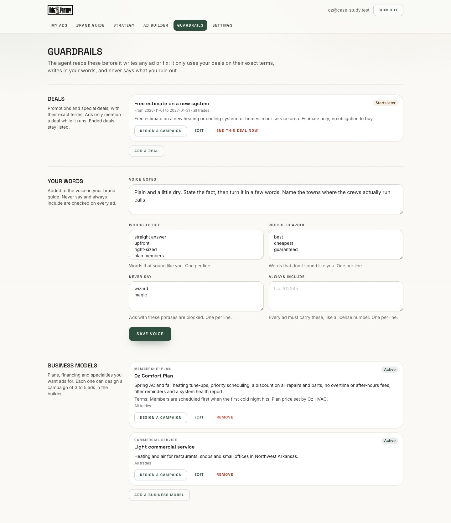 The Guardrails page: promotions with terms and dates, voice additions and business models